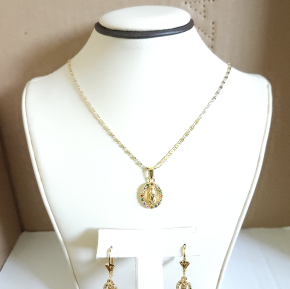 Virgen de Guadalupe Gold plated and Multicolor Pendant Necklace and Earring Set - Picture 2 of 5